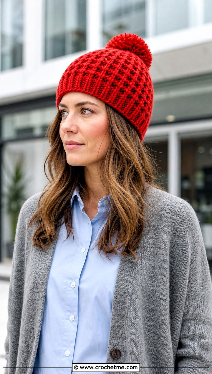 Waffle Stitch Bun Hat With Tailored Trousers - 15 bun crochet hat outfit ideas