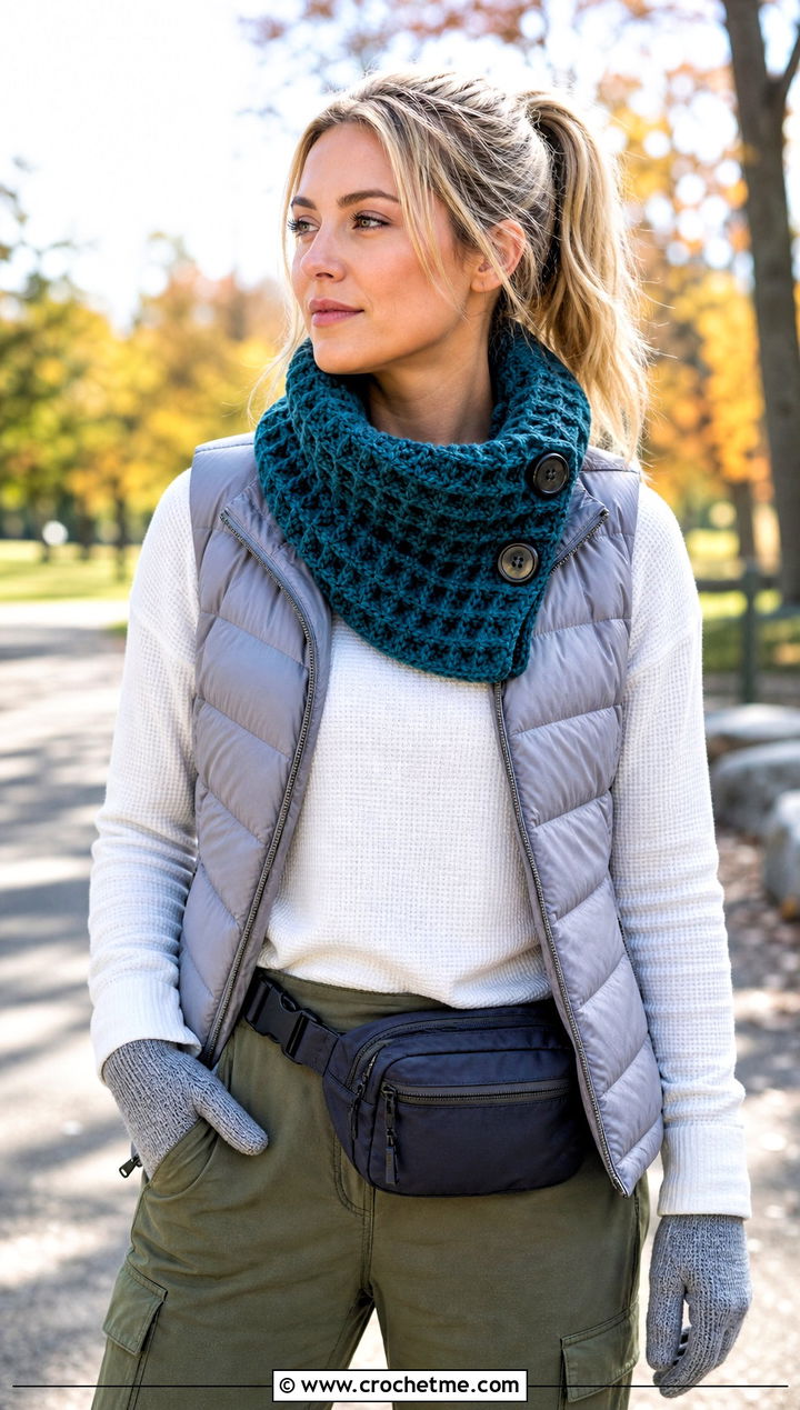 Waffle Stitch Button Cowl With Puffer Vest - 25 crochet button cowl outfit ideas