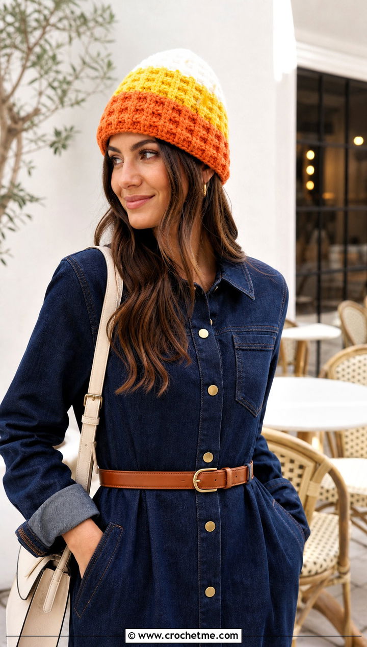 Waffle Stitch Candy Corn Crochet Beanie With Denim Dress - 15 candy corn crochet beanie outfit ideas