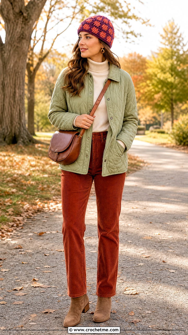 Waffle Stitch Checkered Beanie With Quilted Jacket - 35 crochet checkered beanie outfit ideas