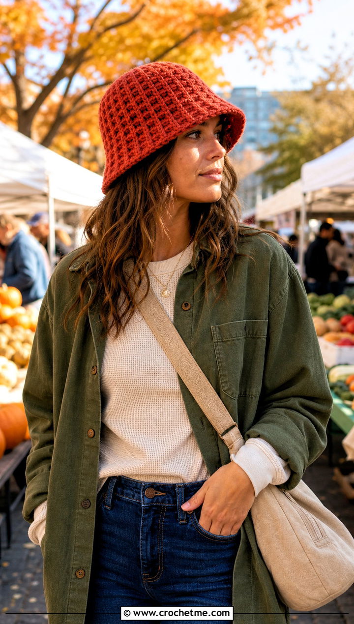 Waffle Stitch Chunky Bucket Hat With Shacket - 30 crochet chunky bucket hat outfit ideas