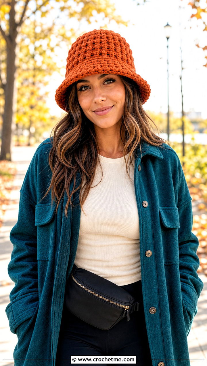 Waffle Stitch Chunky Crochet Bucket Hat With Shacket And Leggings - 25 Chunky Crochet Bucket Hat outfit ideas