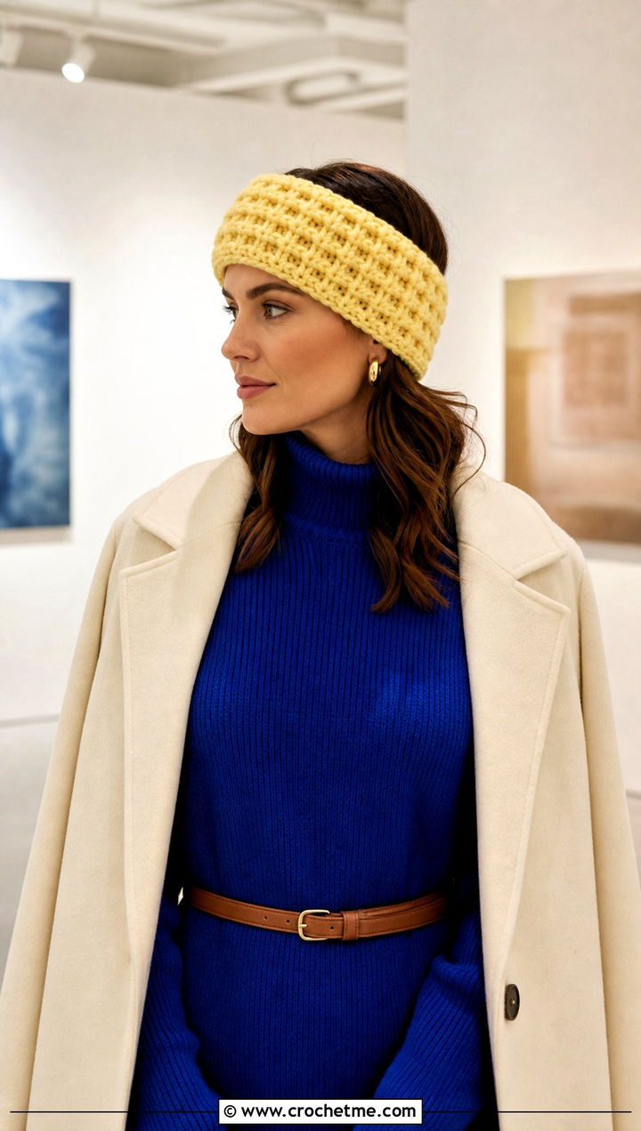 Waffle Stitch Chunky Crochet Ear Warmer With Sweater Dress - 30 chunky crochet ear warmer outfit ideas