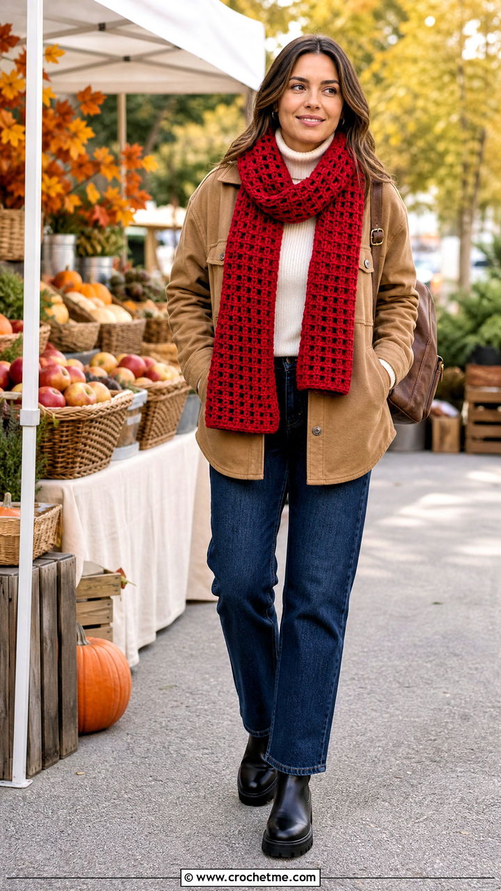 Waffle Stitch Chunky Crochet Scarf With Shacket - 35 chunky crochet scarf outfit ideas