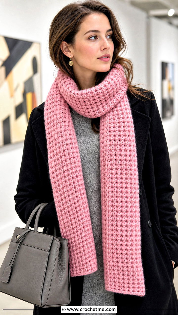 Waffle Stitch Chunky Crochet Scarf With Sweater Dress - 15 Crochet Scarves Chunky Yarn outfit ideas