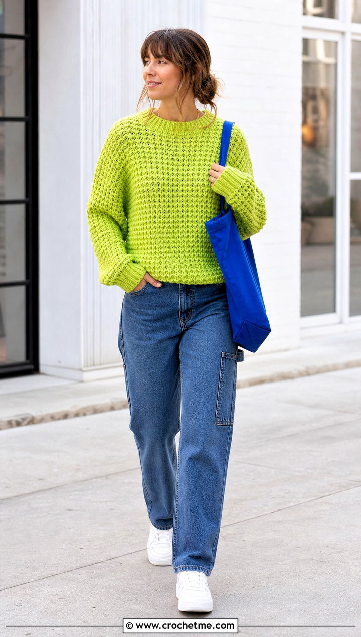 Waffle Stitch Chunky Crochet Sweater With Carpenter Jeans - 25 Easy Chunky Crochet Sweater outfit ideas