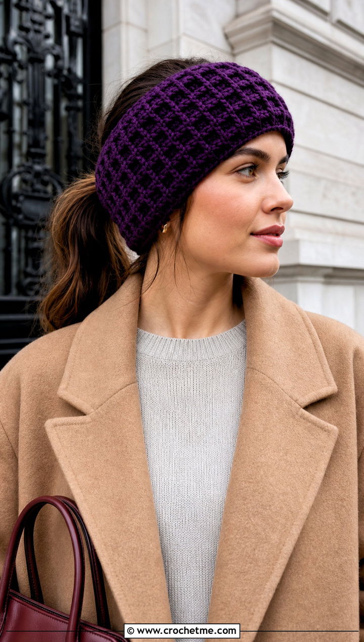 Waffle Stitch Chunky Ear Warmer With Wool Coat - 25 Crochet Chunky Ear Warmer outfit ideas