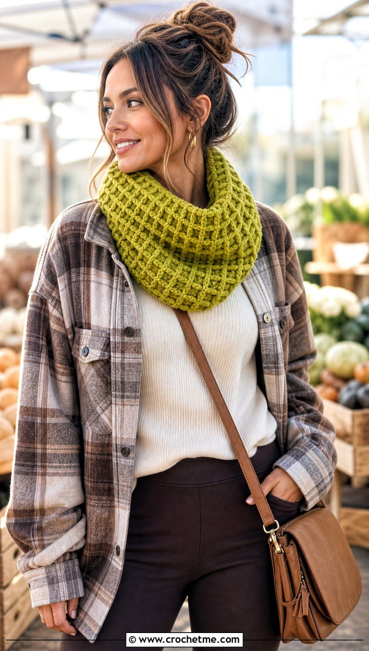 Waffle Stitch Chunky Yarn Crochet Cowl With Shacket - 25 Chunky Yarn Crochet Cowl outfit ideas