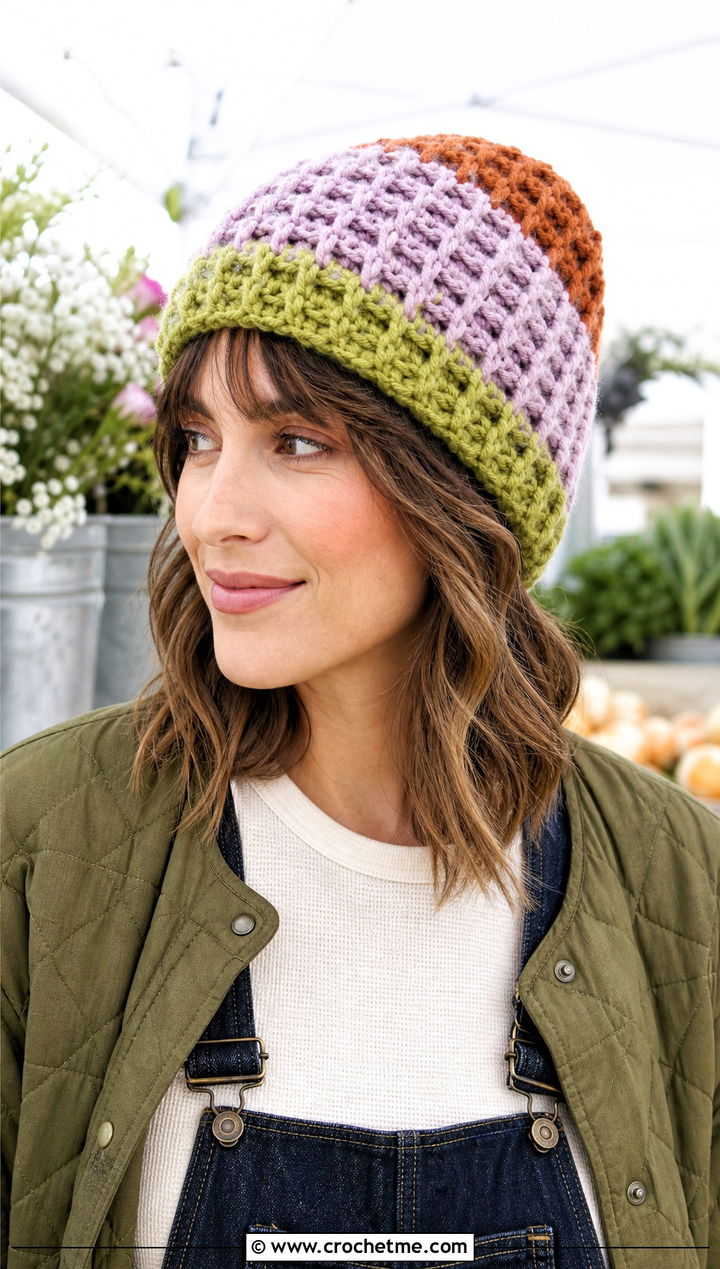 Waffle Stitch Color Block Crochet Beanie With Quilted Jacket - 20 Color Block Crochet Beanie outfit ideas