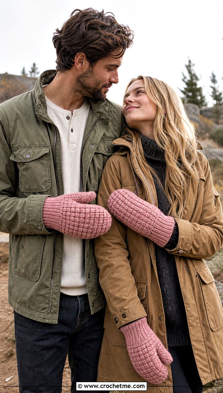 Waffle Stitch Couple Mittens With Utility Jackets - 25 crochet couple mittens outfit ideas