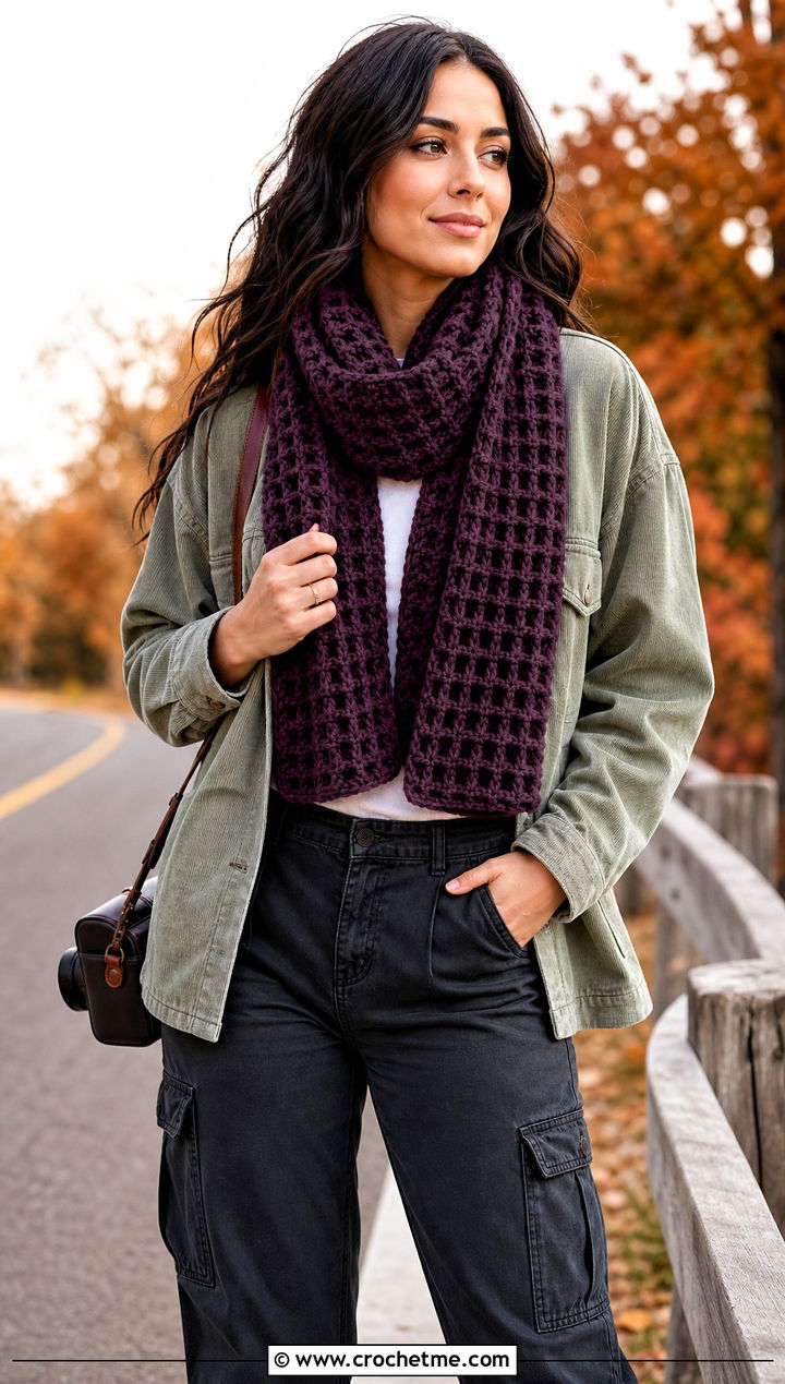 Waffle Stitch Cowl Neck Crochet Scarf With Shacket - 25 Cowl Neck Crochet Scarf outfit ideas