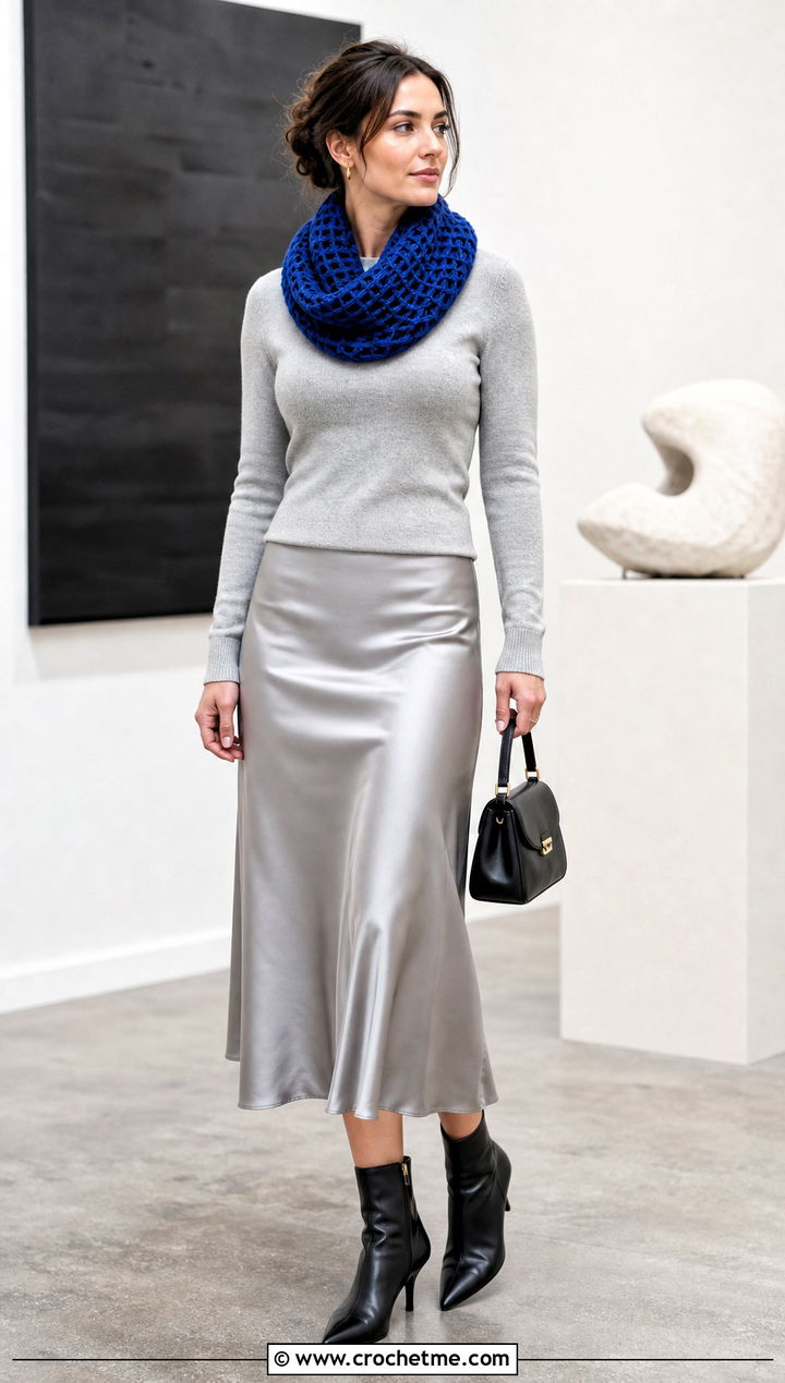 Waffle Stitch Cowl Scarf With Satin Midi Skirt - 30 waffle stitch crochet scarf outfit ideas