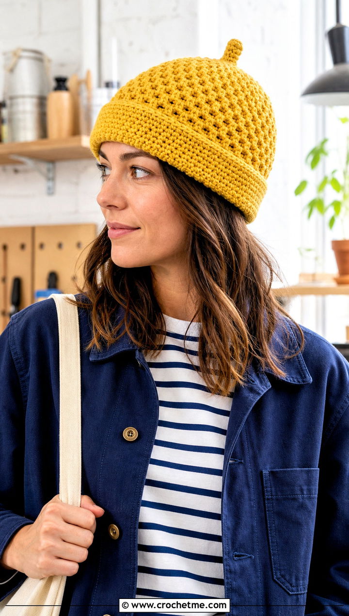 Waffle Stitch Crochet Acorn Hat With Chore Coat - 30 crochet acorn hat outfit ideas