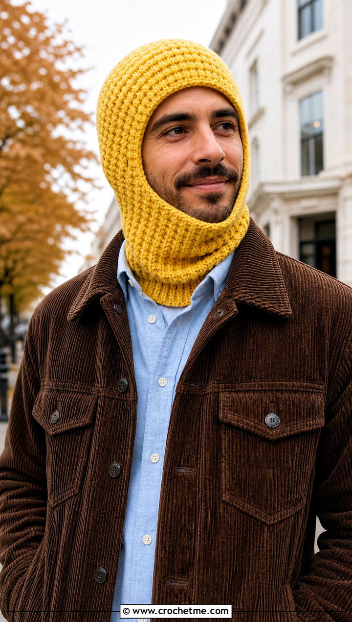 Waffle Stitch Crochet Balaclava With Corduroy Jacket - 30 crochet balaclava for men outfit ideas