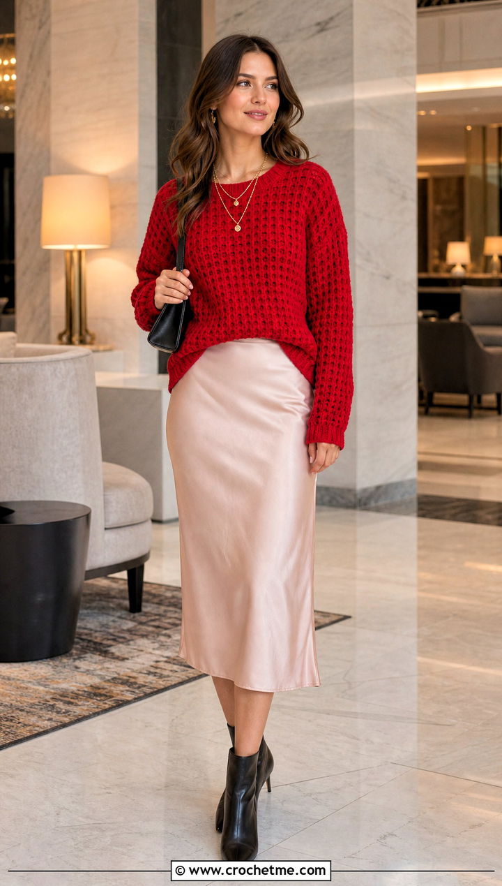 Waffle Stitch Crochet Barbie Sweater With Satin Skirt - 25 crochet barbie sweater outfit ideas