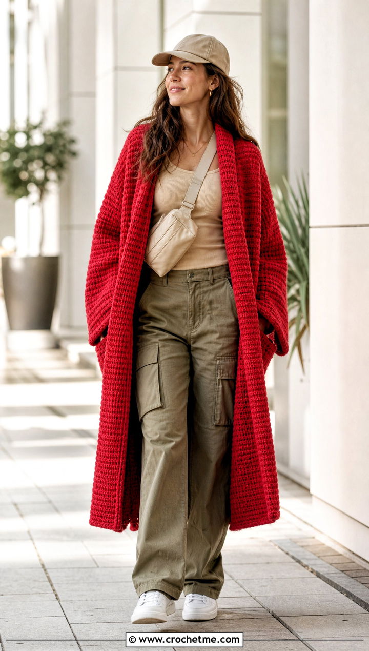 Waffle Stitch Crochet Bathrobe With Cargo Pants - 30 crochet bathrobe outfit ideas