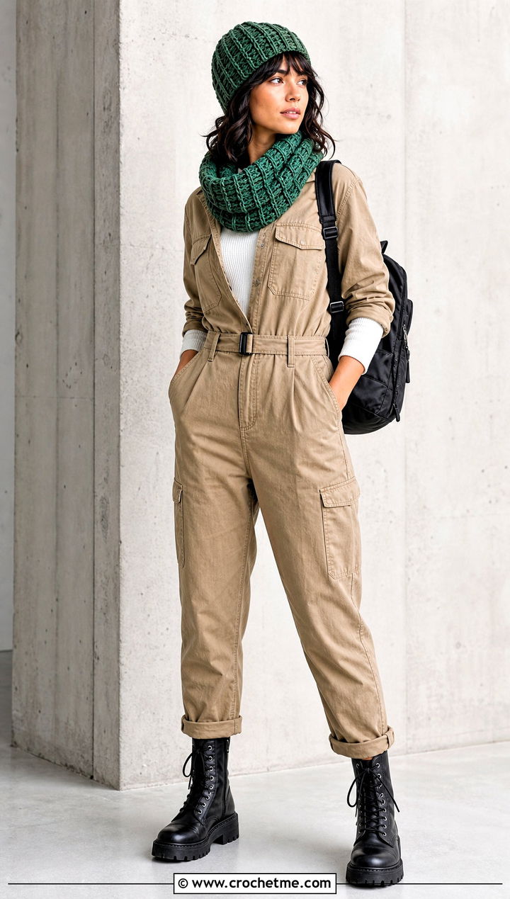 Waffle Stitch Crochet Beanie And Cowl With Utility Jumpsuit - 35 crochet hat and scarf set outfit ideas