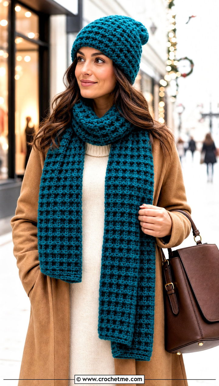 Waffle Stitch Crochet Beanie And Scarf Set With Sweater Dress - 30 crochet beanie and scarf set outfit ideas