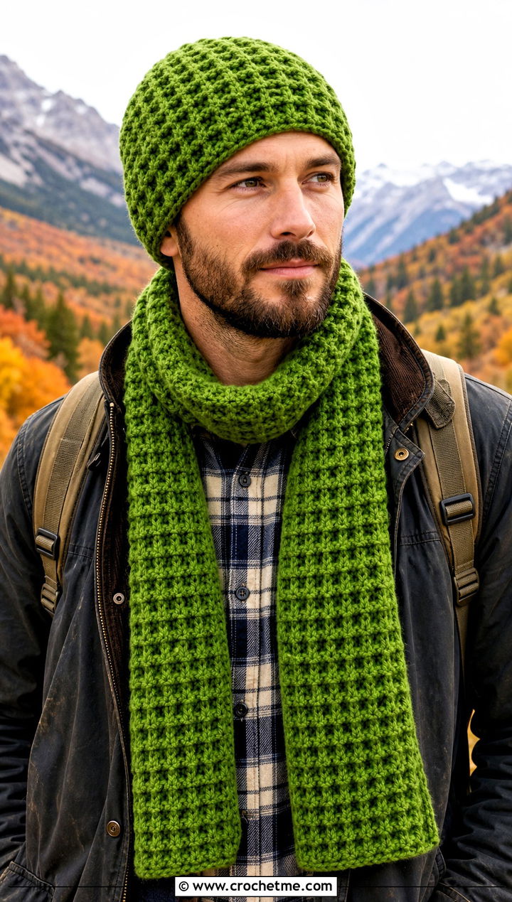 Waffle Stitch Crochet Beanie And Scarf With Flannel Shirt - 20 Crochet Mens Hat And Scarf outfit ideas