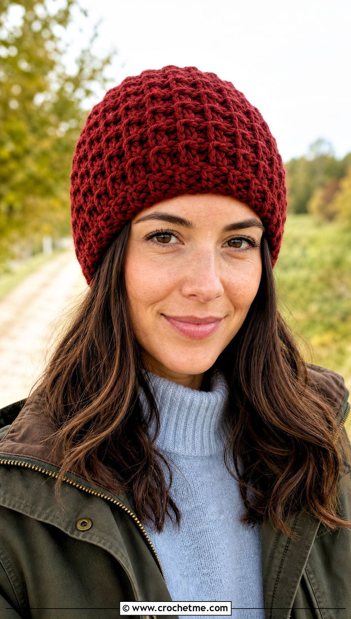Waffle Stitch Crochet Beanie With Barn Jacket - 25 Fall Crochet Beanie outfit ideas