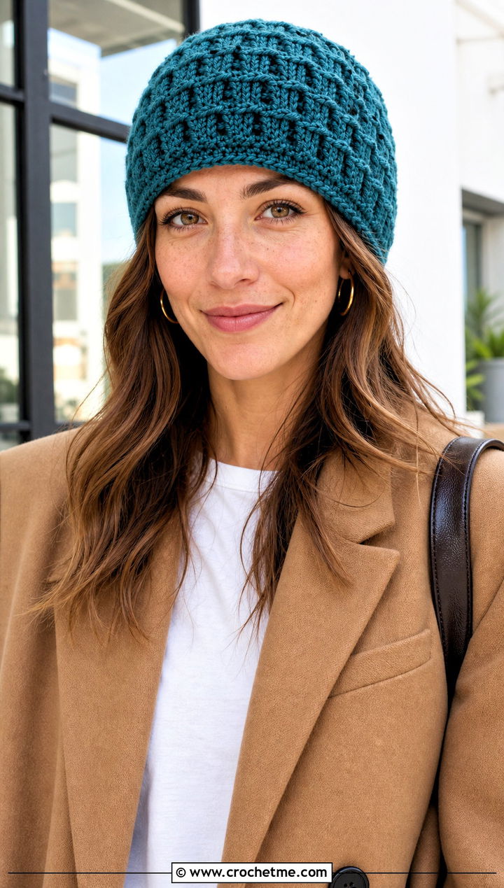 Waffle Stitch Crochet Beanie With Blazer And Jeans - 15 large crochet beanie outfit ideas