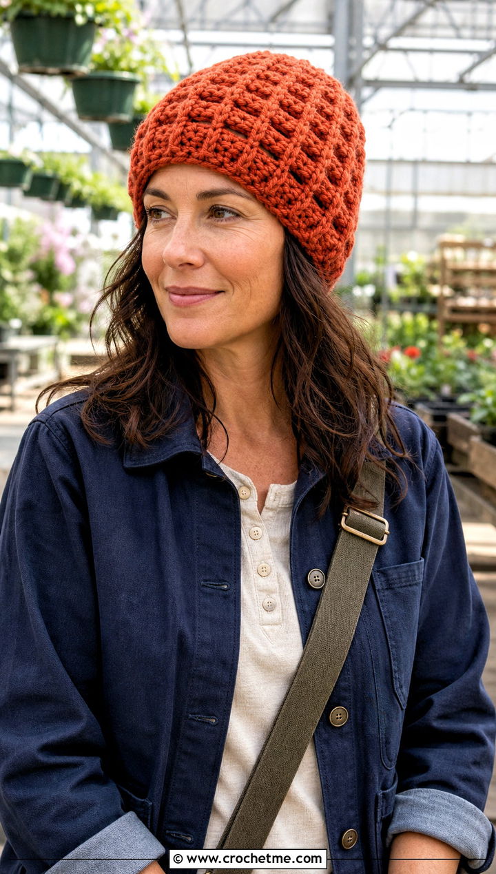Waffle Stitch Crochet Beanie With Chore Coat - 25 country cottage crochet beanie outfit ideas