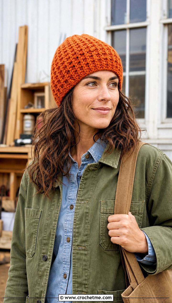 Waffle Stitch Crochet Beanie With Chore Jacket And Corduroy Pants - 25 Crochet Beanie Size 4 Yarn outfit ideas