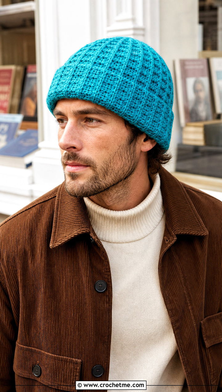 Waffle Stitch Crochet Beanie With Corduroy Jacket - 25 mens winter crochet hats outfit ideas