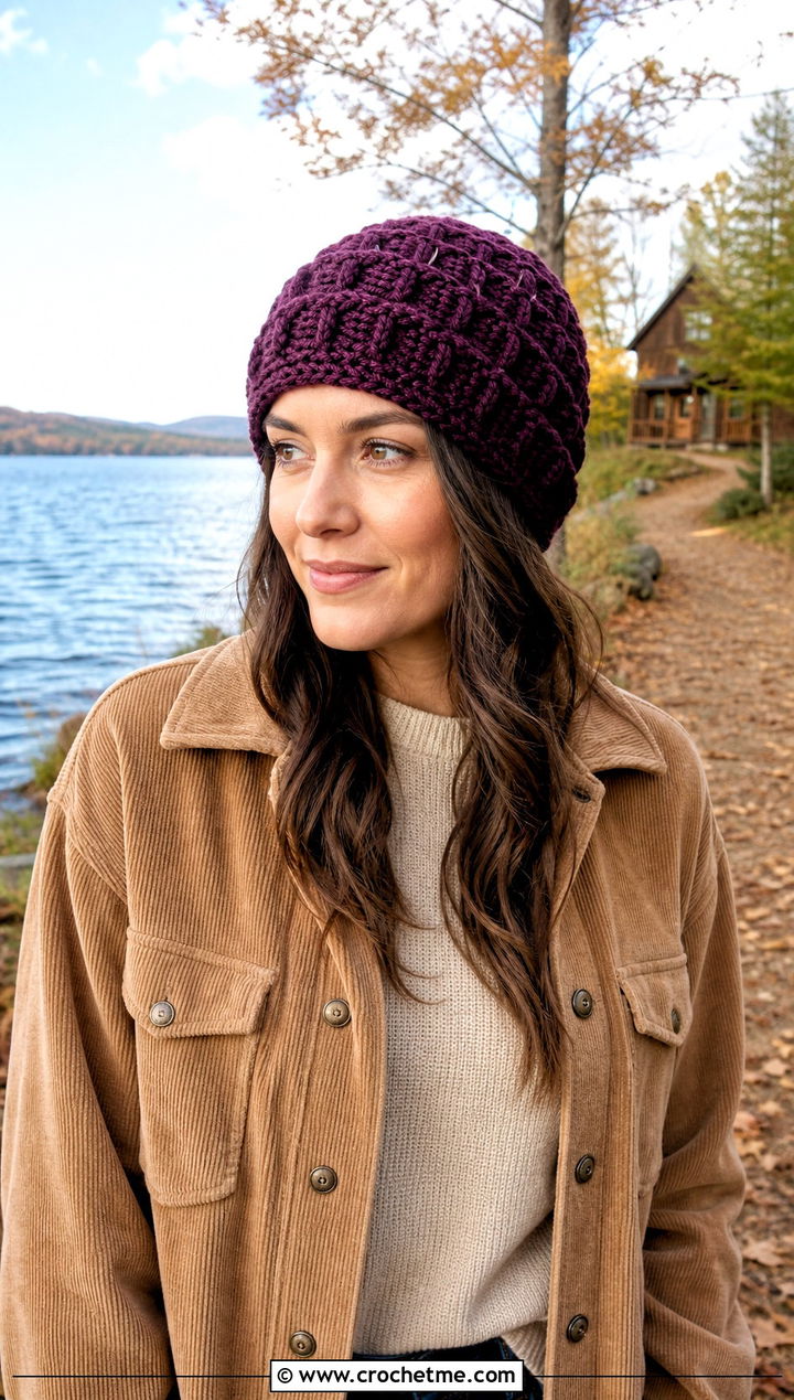 Waffle Stitch Crochet Beanie With Corduroy Shacket - 25 lakeside crochet beanie outfit ideas