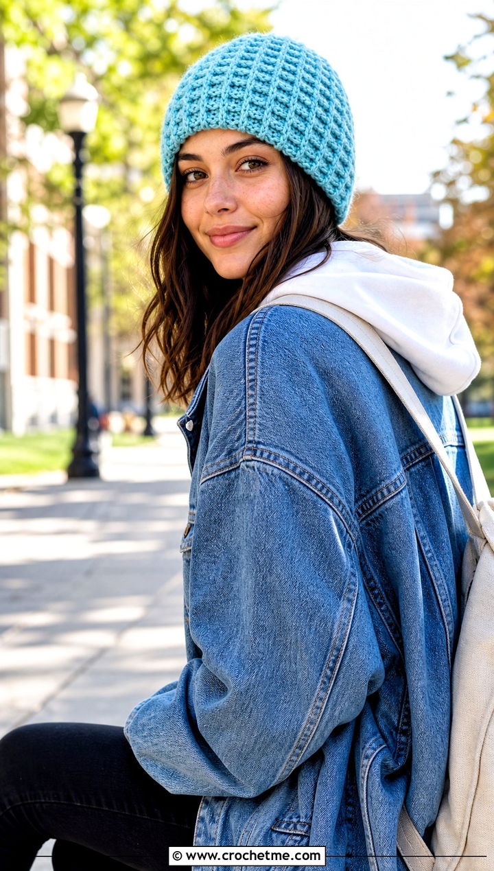 Waffle Stitch Crochet Beanie With Denim Jacket - 25 Worsted Weight Yarn Crochet Hat outfit ideas