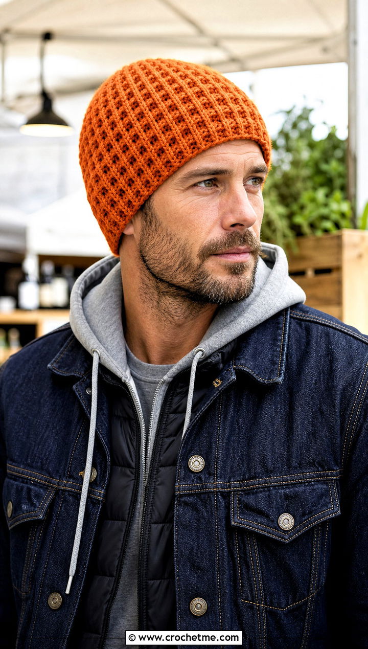 Waffle Stitch Crochet Beanie With Denim Jacket - 25 Crochet Mens Winter Hat outfit ideas