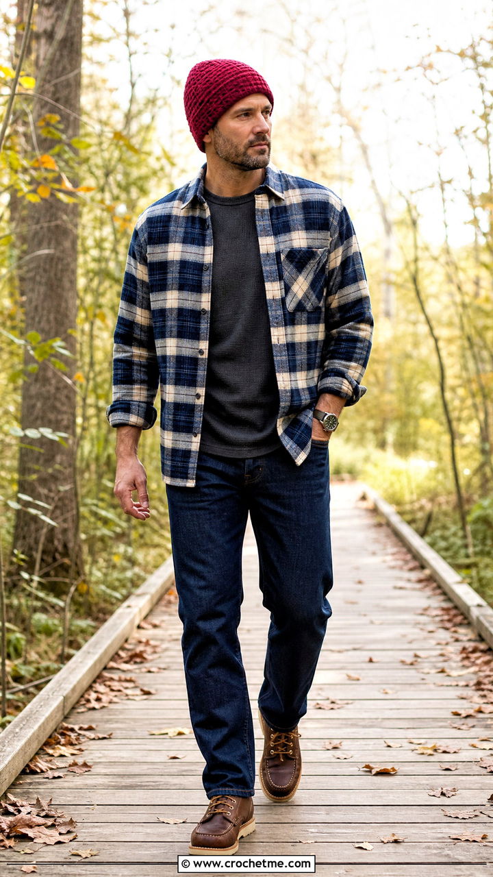 Waffle Stitch Crochet Beanie With Flannel Overshirt And Jeans - 35 crochet beanie for men outfit ideas