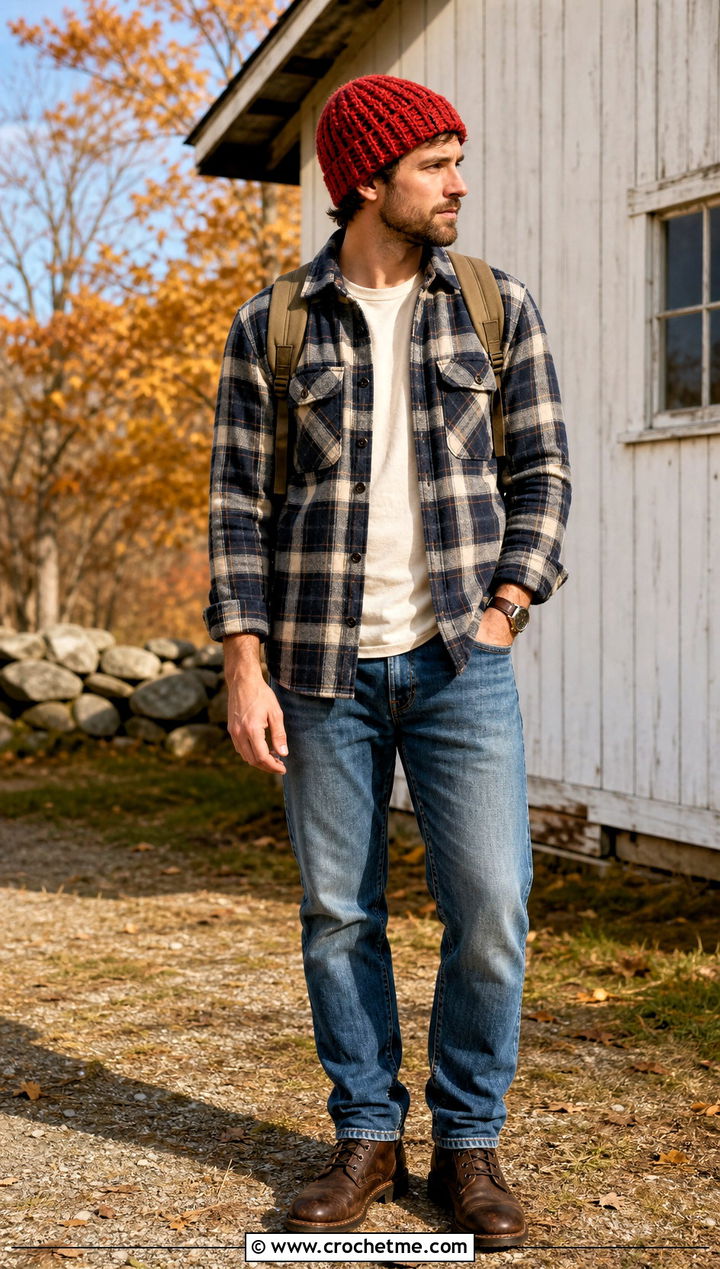 Waffle Stitch Crochet Beanie With Flannel Overshirt - 35 mens crochet beanie outfit ideas