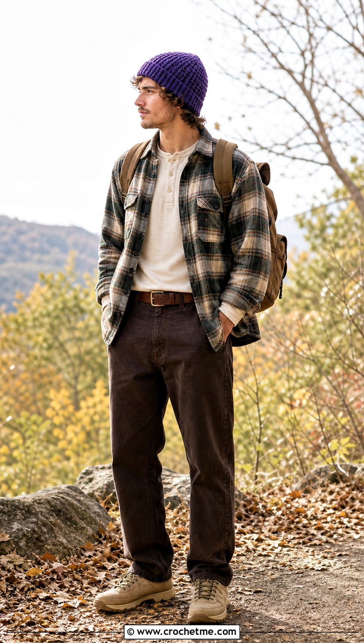 Waffle Stitch Crochet Beanie With Flannel Shirt - 35 mens crochet hat outfit ideas