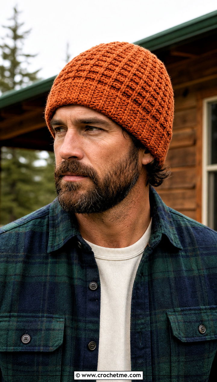Waffle Stitch Crochet Beanie With Flannel Shirt - 25 easy crochet beanie for men outfit ideas