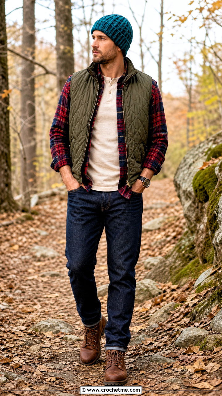 Waffle Stitch Crochet Beanie With Flannel Shirt And Hiking Boots - 35 crochet hat for men outfit ideas