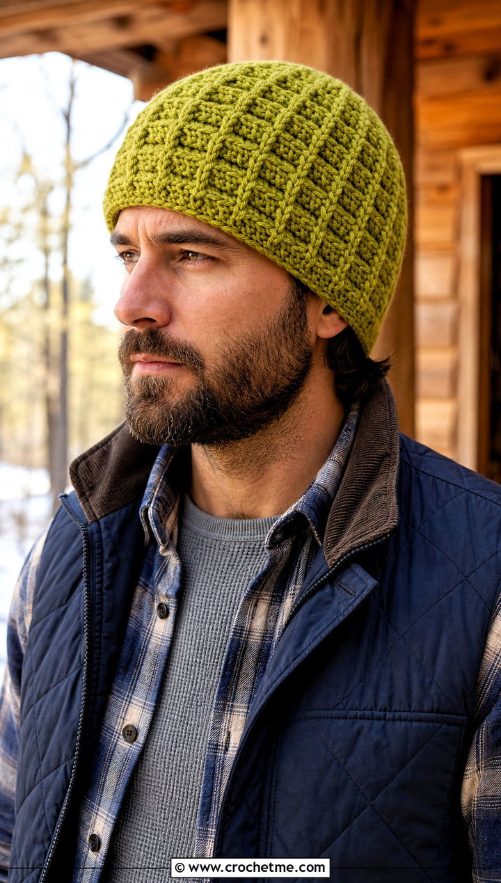 Waffle Stitch Crochet Beanie With Flannel Shirt And Raw Denim - 30 men's crochet hats outfit ideas