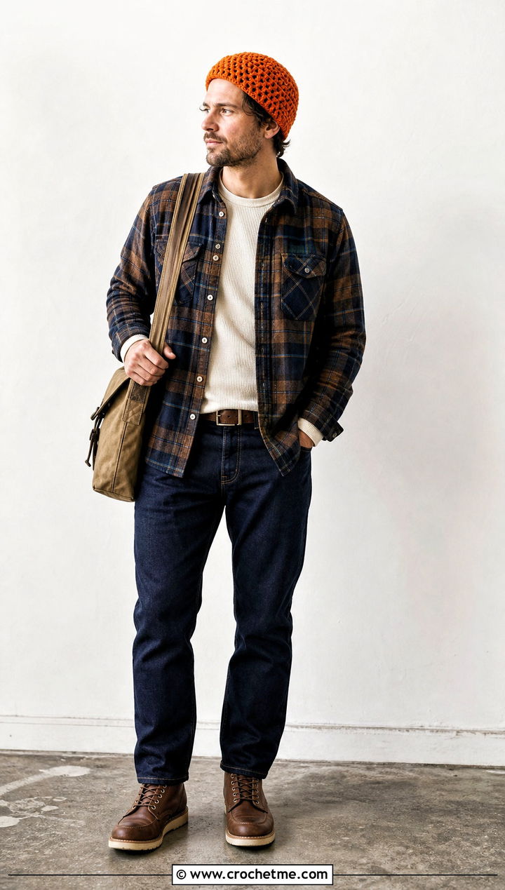 Waffle Stitch Crochet Beanie With Flannel Shirt - 35 crochet hat for man outfit ideas