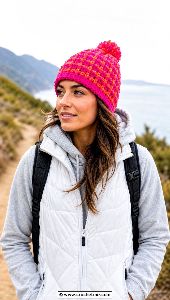 Waffle Stitch Crochet Beanie With Hoodie And Quilted Vest - 30 two color crochet beanie outfit ideas