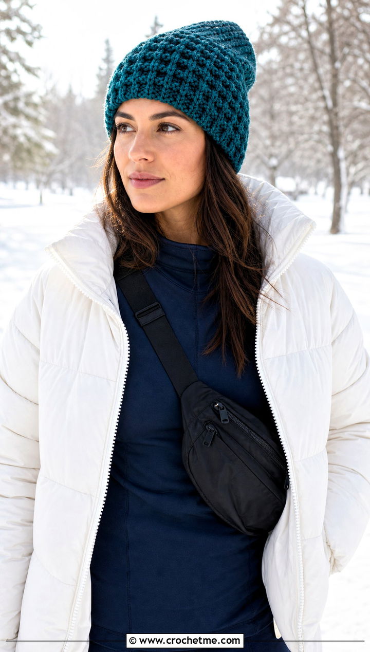Waffle Stitch Crochet Beanie With Puffer Jacket - 30 knit look crochet beanie outfit ideas