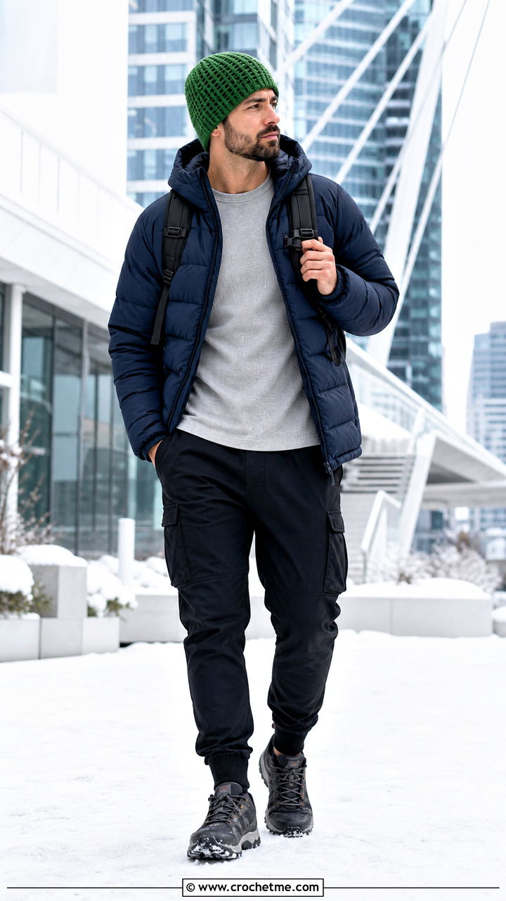 Waffle Stitch Crochet Beanie With Puffer Jacket - 35 crochet hats for men outfit ideas