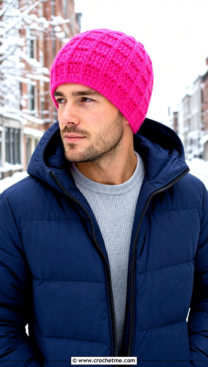 Waffle Stitch Crochet Beanie With Puffer Jacket - 25 crochet for men's beanies outfit ideas