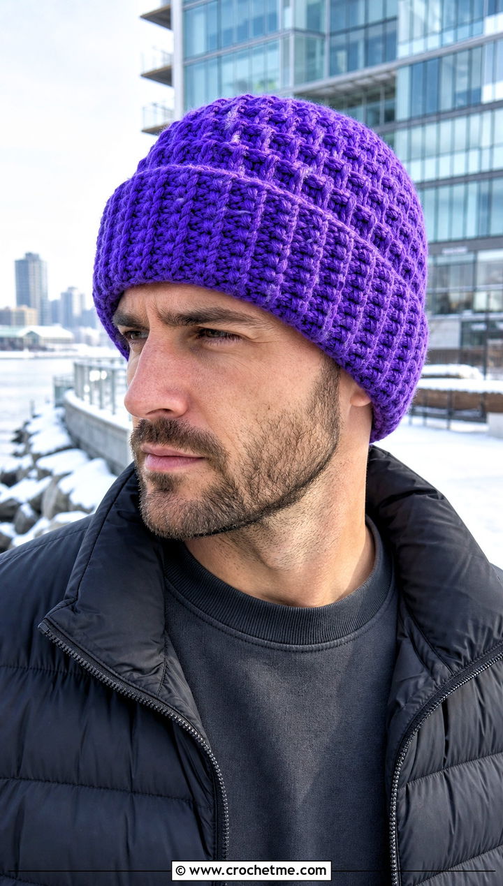 Waffle Stitch Crochet Beanie With Puffer Jacket - 25 easy men's crochet beanie outfit ideas