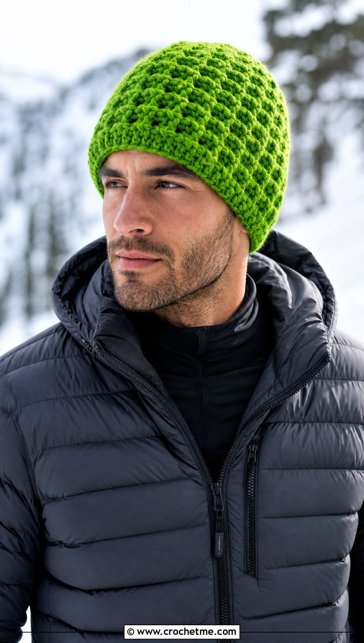 Waffle Stitch Crochet Beanie With Puffer Jacket - 25 crocheted mens hats outfit ideas