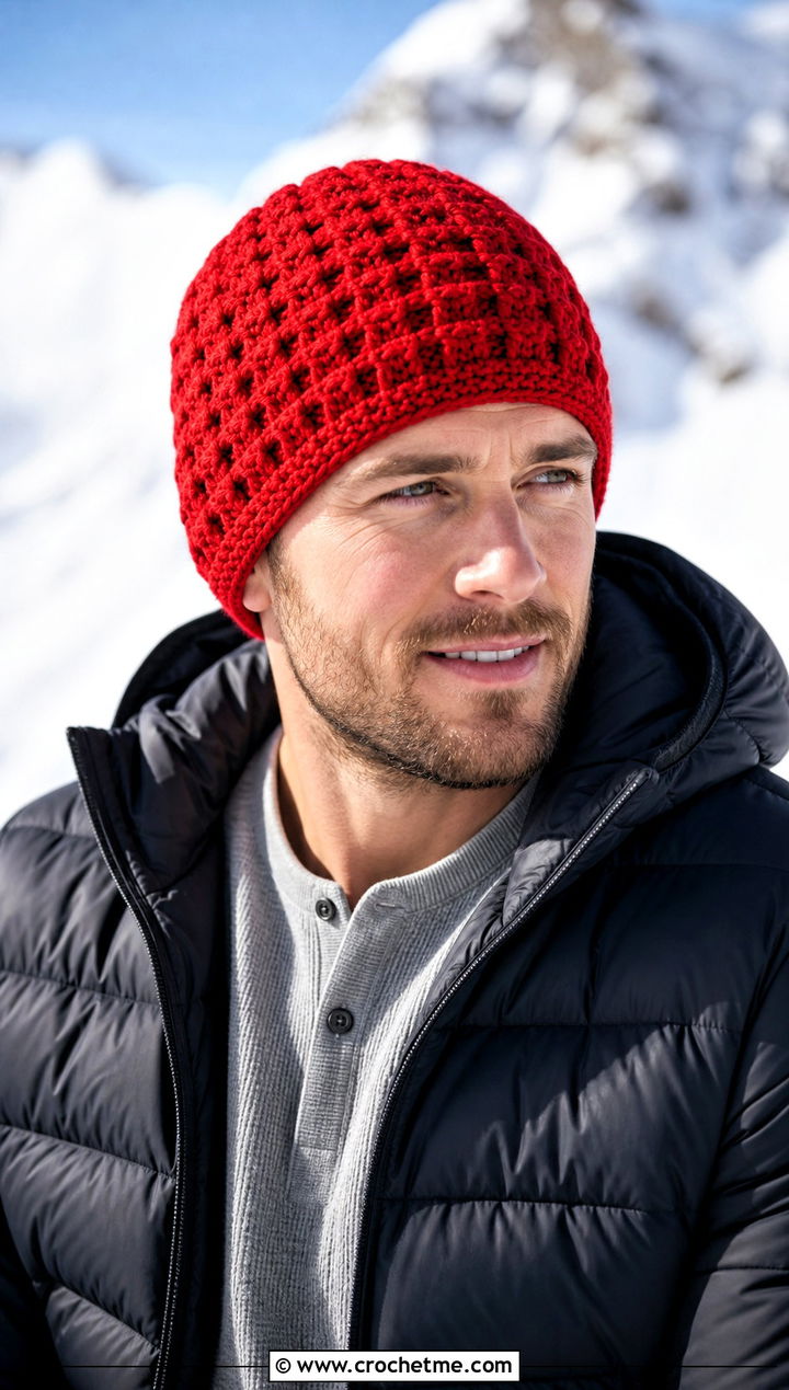 Waffle Stitch Crochet Beanie With Puffer Jacket - 30 crochet man beanie outfit ideas