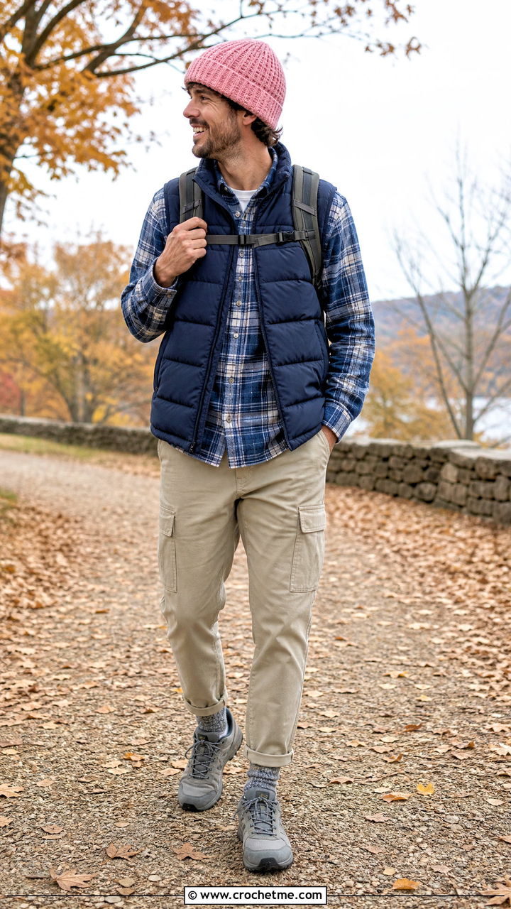 Waffle Stitch Crochet Beanie With Puffer Vest - 35 men's crochet beanie outfit ideas