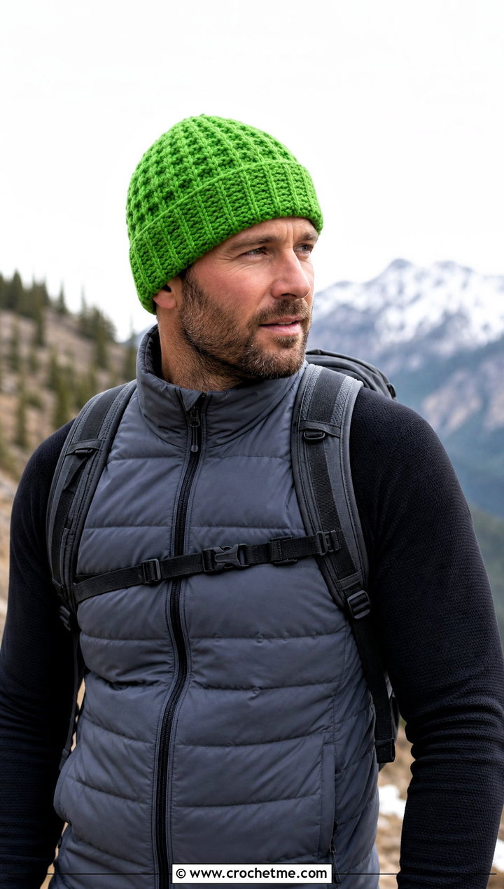 Waffle Stitch Crochet Beanie With Puffer Vest - 25 crochet hat ideas for men