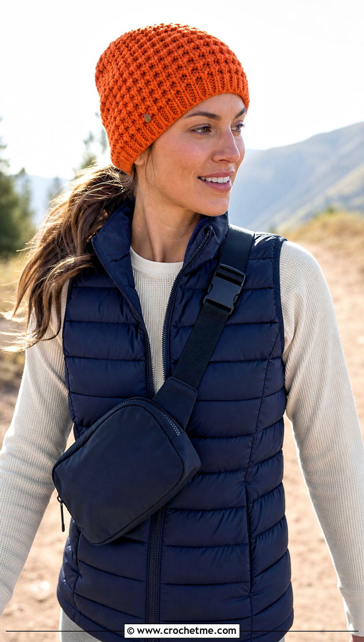 Waffle Stitch Crochet Beanie With Puffer Vest - 15 crochet beany hat outfit ideas
