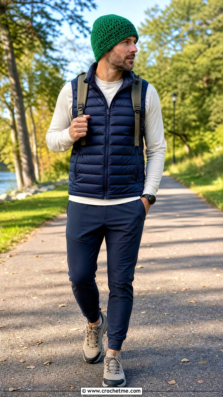 Waffle Stitch Crochet Beanie With Puffer Vest And Joggers - 35 crochet hat men outfit ideas