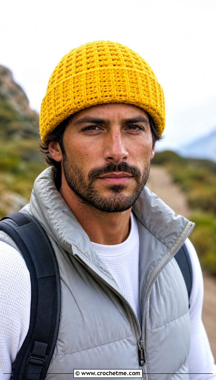 Waffle Stitch Crochet Beanie With Puffer Vest - 30 mens crochet hats men's beanie outfit ideas